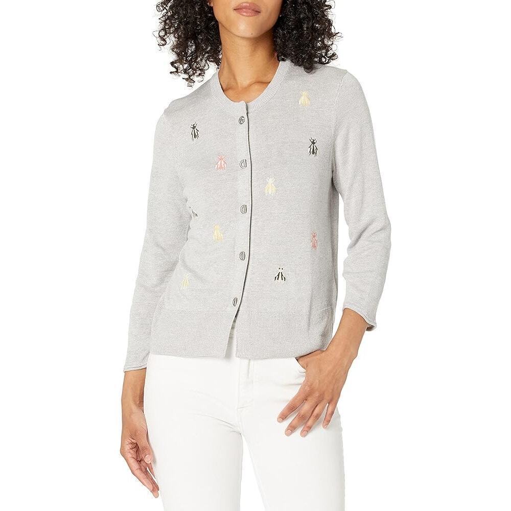NIC + ZOE Busy Bee Embroidered Cardigan Grey Linen Blend M